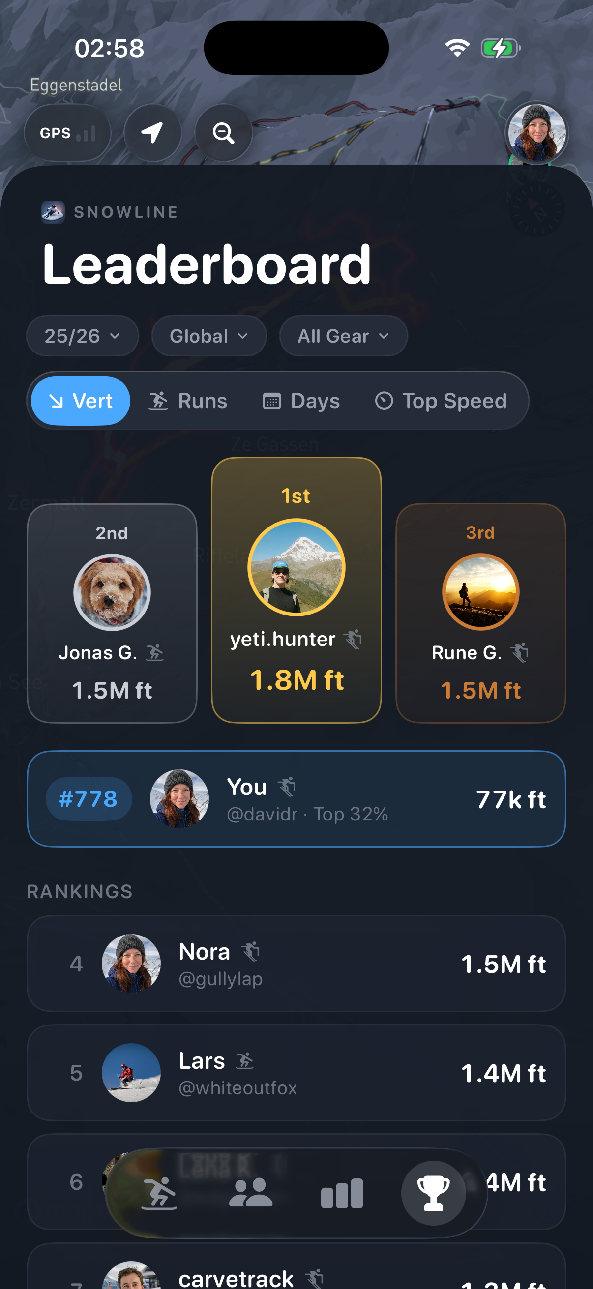 Snowline global ski leaderboard with friends and season rankings